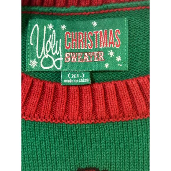 Ugly Christmas Sweater Pug Dog Santa Hat Striped Sleeves Green XL - Picture 4 of 8